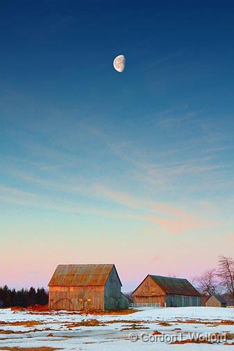 Sunrise Moon Over Two Barns_14505.jpg - Photographed near Richmond, Ontario, Canada.